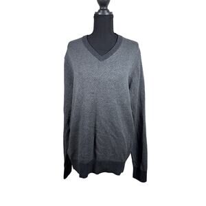 Eddie Bauer Mens Medium Gray Herringbone V Neck Cotton Cashmere Sweater